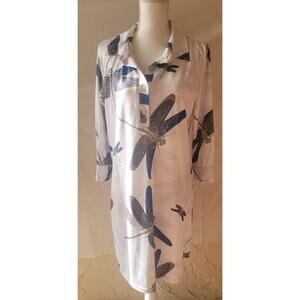 Petsche Dress, WHITE WITH BLUE DRAGON FLIES Size M